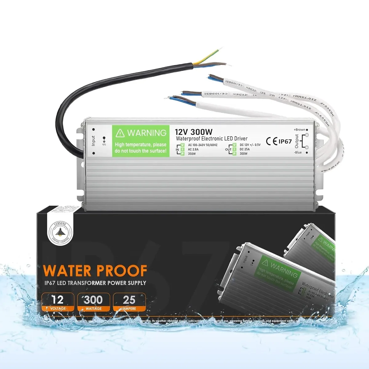 Aluminium alloy LED driver with sealed panel and single outlet, labelled 12V 300W AC to DC LED converter, IP67 waterproof.