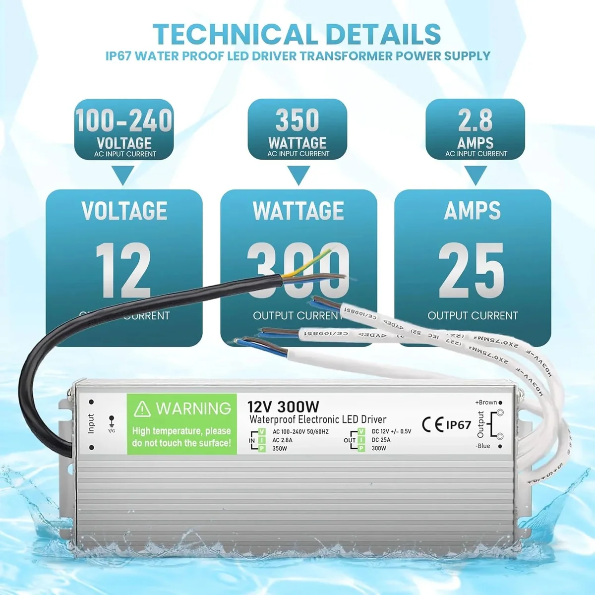 Aluminium alloy housing of a 300W DC 12V transformer with IP67 rating and 25A output, label shows 12V 300W 25A specifications