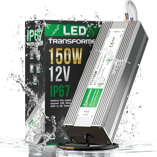 Compact 12V waterproof LED driver in aluminium alloy case with rubber‑sealed cables, IP67 rating, label reads 150W.