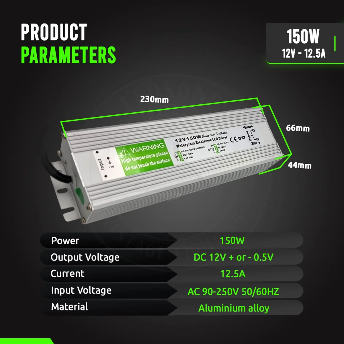 150W LED power supply in IP67 waterproof aluminum alloy case, rubber‑sealed cables and embossed label.