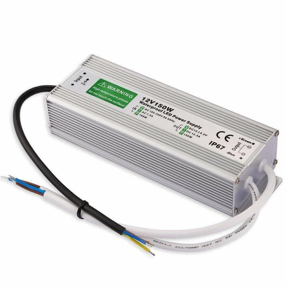 12V 150W IP67 LED transformer with aluminum alloy casing and rubber‑sealed cables, dimensions 230mm×66mm×44mm.