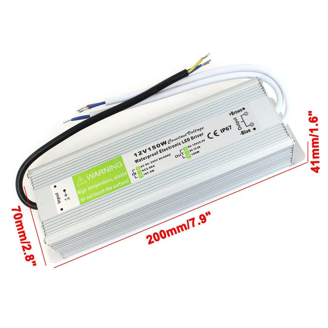 12.5A LED driver with IP67 waterproof aluminum alloy casing, rubber‑sealed cables, compact dimensions 230x66x44mm.