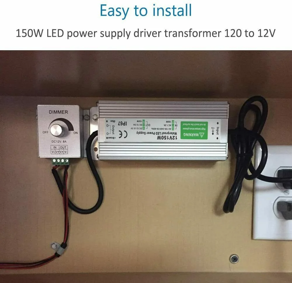 Aluminium alloy LED power supply, IP67 rated, 12V 150W, rectangular black case, suitable as an outdoor LED power supply