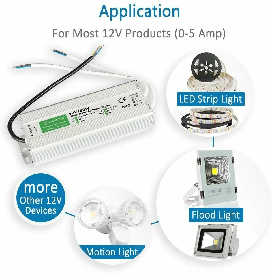 Rectangular black LED driver with IP67 label, 12V 150W, constant voltage LED driver, aluminum casing.