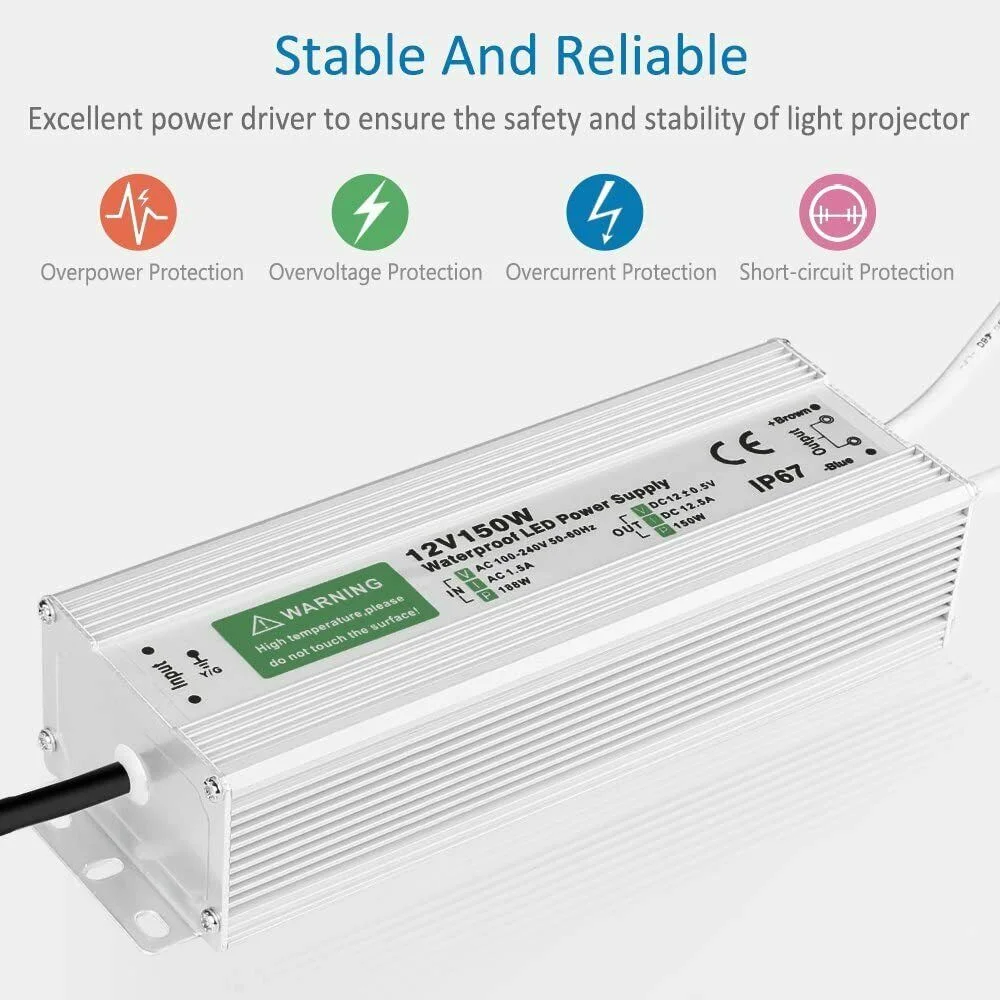 12V waterproof LED driver in aluminium alloy casing, IP67 rating, labeled 150W, 12.5A, with distinct black LED logo.