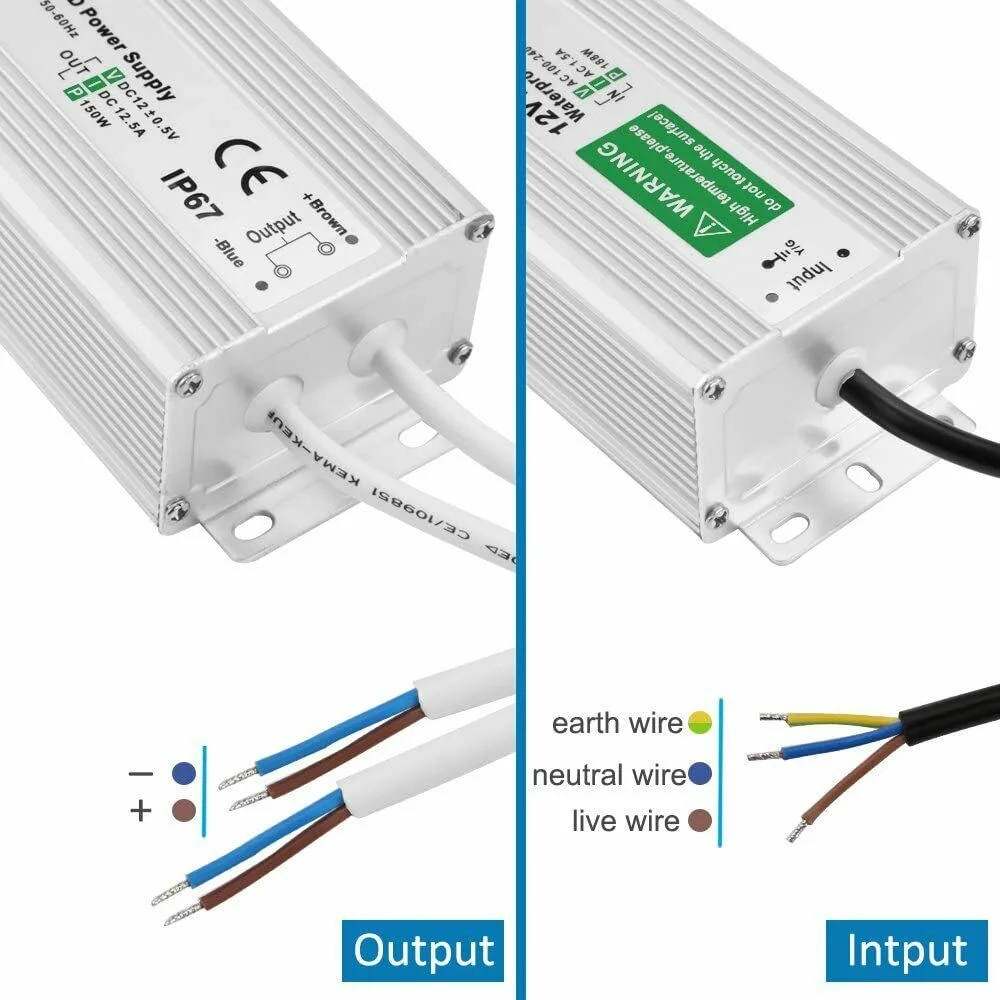 12V waterproof LED driver in a compact aluminum alloy enclosure with rubber‑sealed cables and 2‑way output
