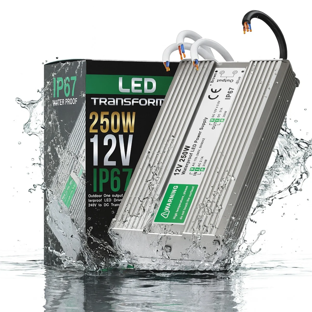 12V waterproof LED driver in plastic housing with rubber‑sealed cables, rated IP67, suitable for LED strips and outdoor use.