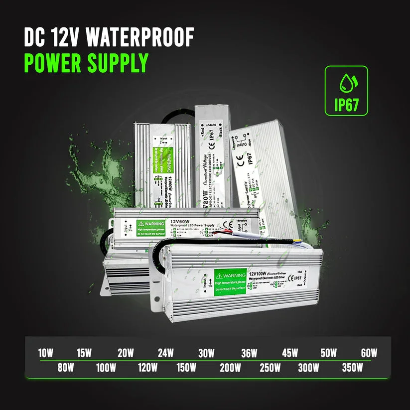 Black plastic LED driver with rubber‑sealed cables, labelled IP67 LED power supply and DC 12V output.