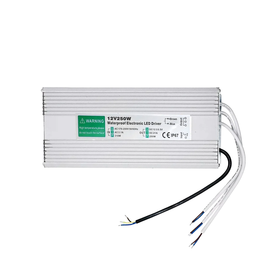 Compact 12V waterproof LED driver with plastic housing, IP67 rating, featuring screw terminals and 3 output connectors.