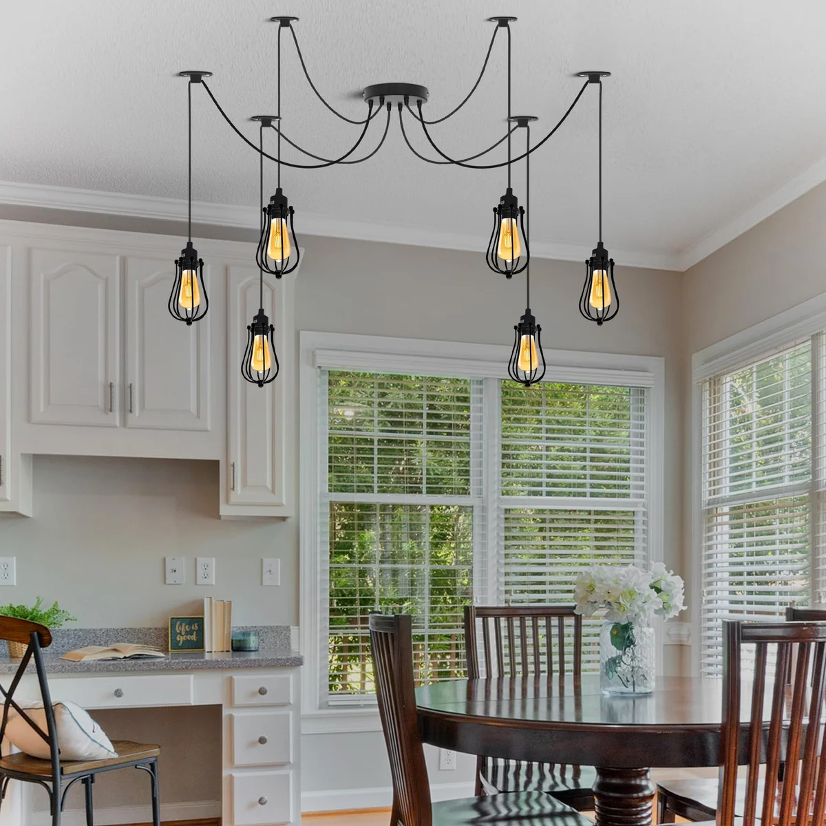 Black pendant light with industrial spider cage design and balloon wire shades, 2m drop length