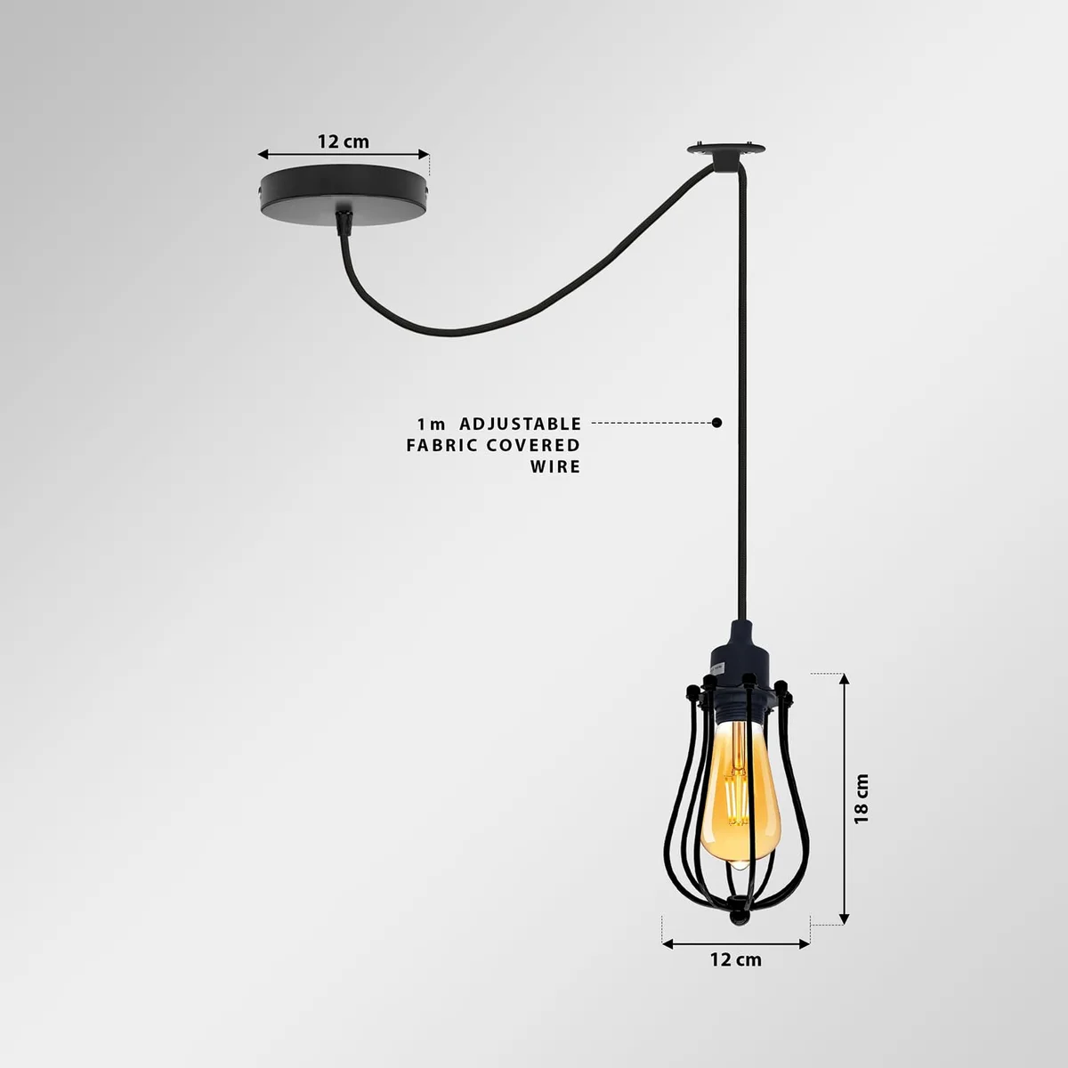 Black metal ceiling light with spider‑style cables and balloon wire cages, hanging from a central base.