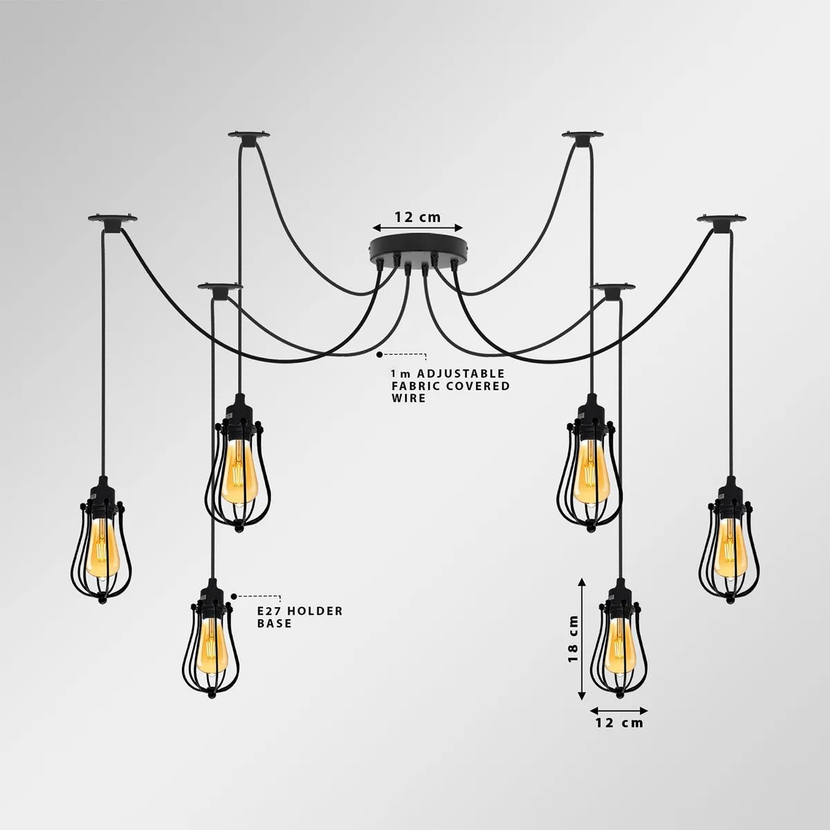 Black matte spider pendant with balloon wire cages and radiating cables, 1‑6 line drops, classic retro industrial lighting.