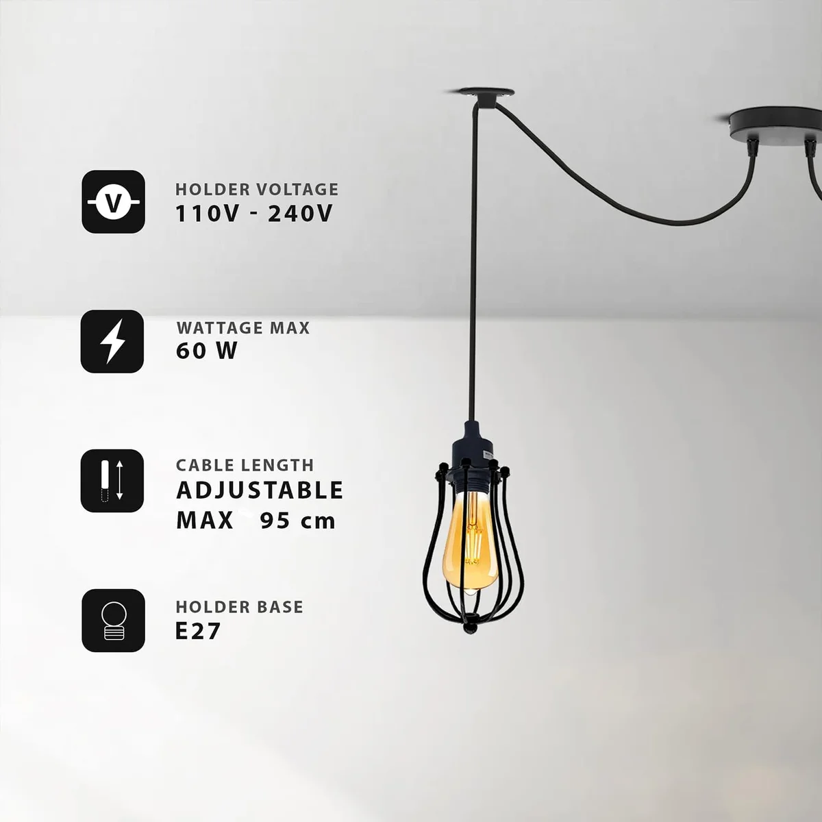 Black pendant light with multi-drop spider design and industrial wire cage shades.