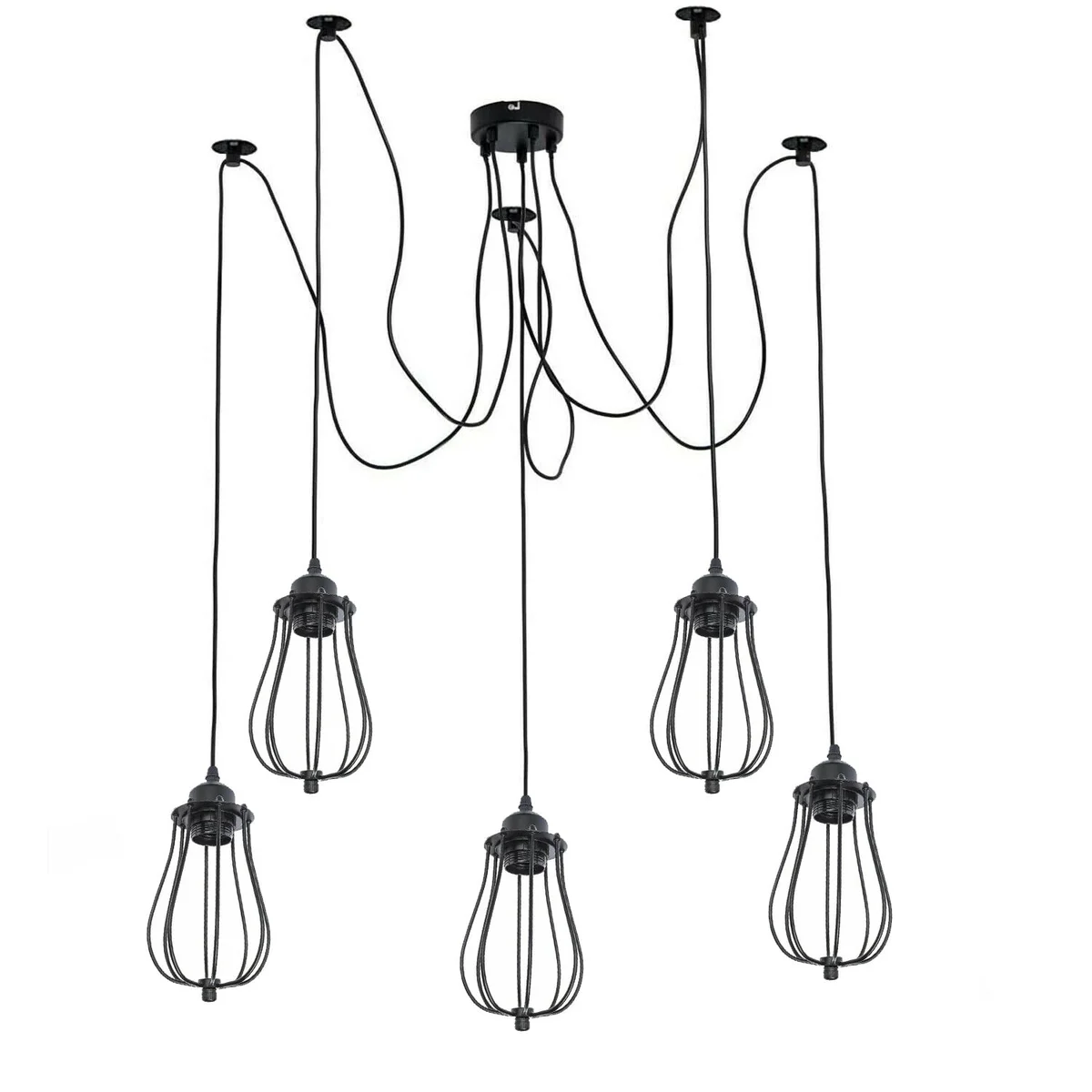 Black pendant light featuring a spider‑style cluster of metal and PVC balloon cages hanging from a central matte black base.