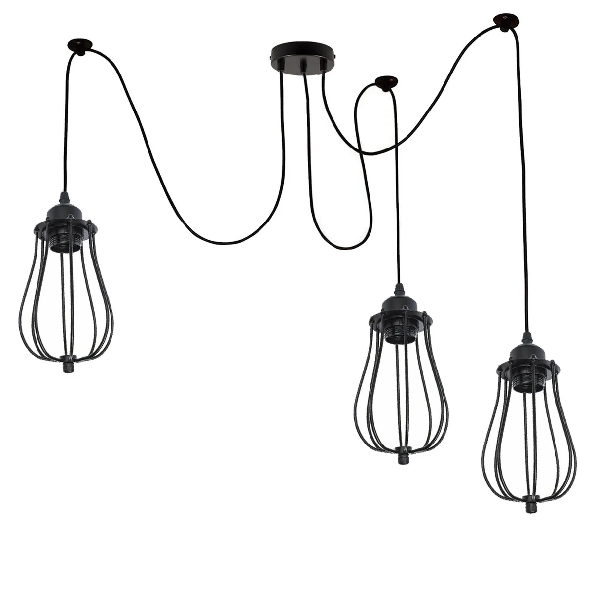 Black pendant light with spider‑style wire cages hanging from a central base, 2m PVC cables, matte black metal finish.