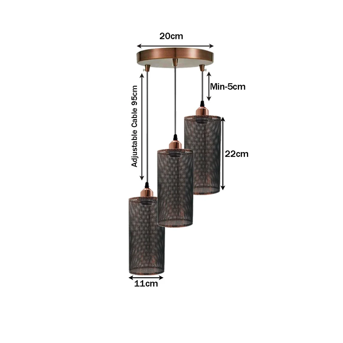 3 head pendant light with metal base and PVC cable, colors black, brushed copper, brushed brass, white, rustic red