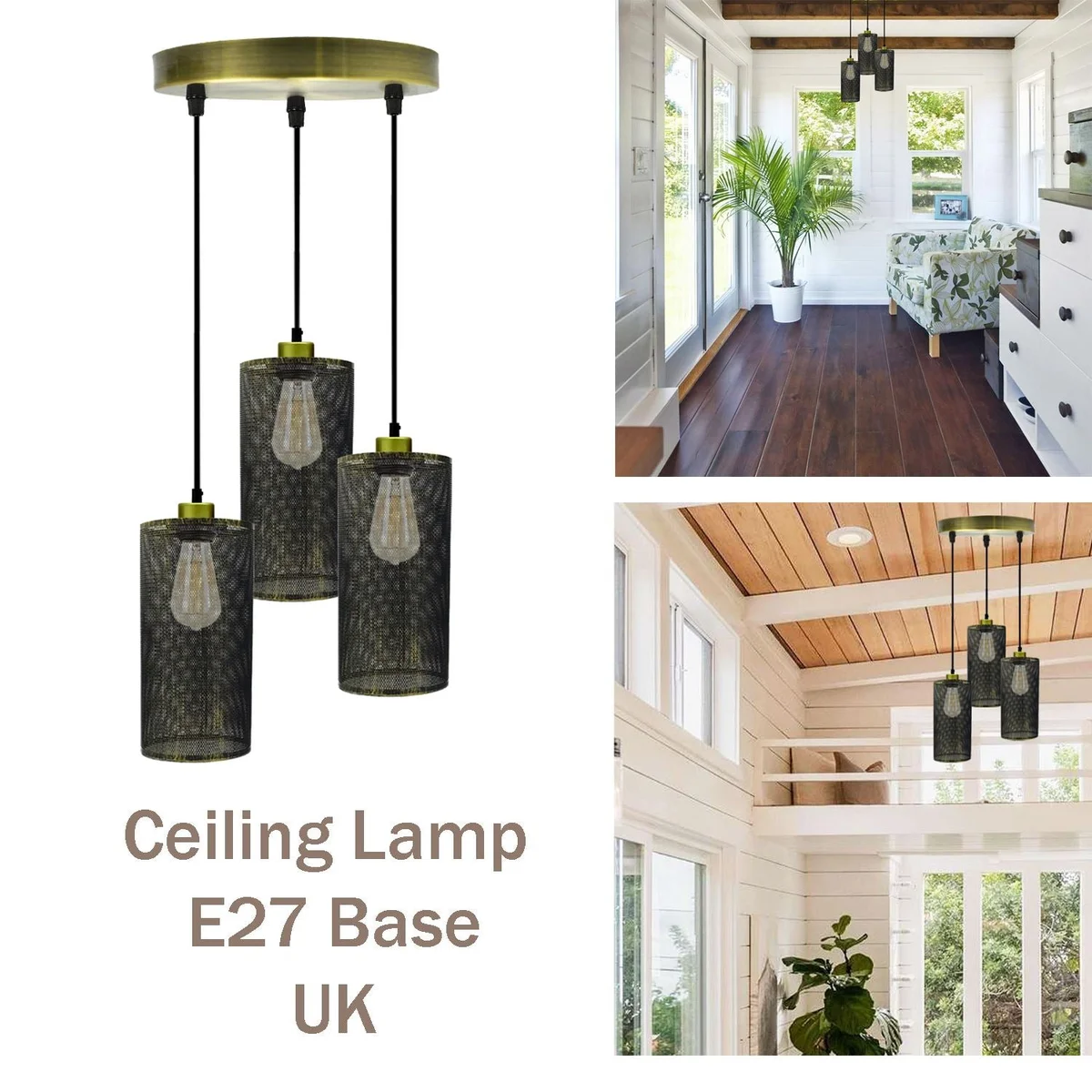 Metal ceiling light pendant with E27 base, featuring 3 brass‑brushed light holders and 95cm cable.