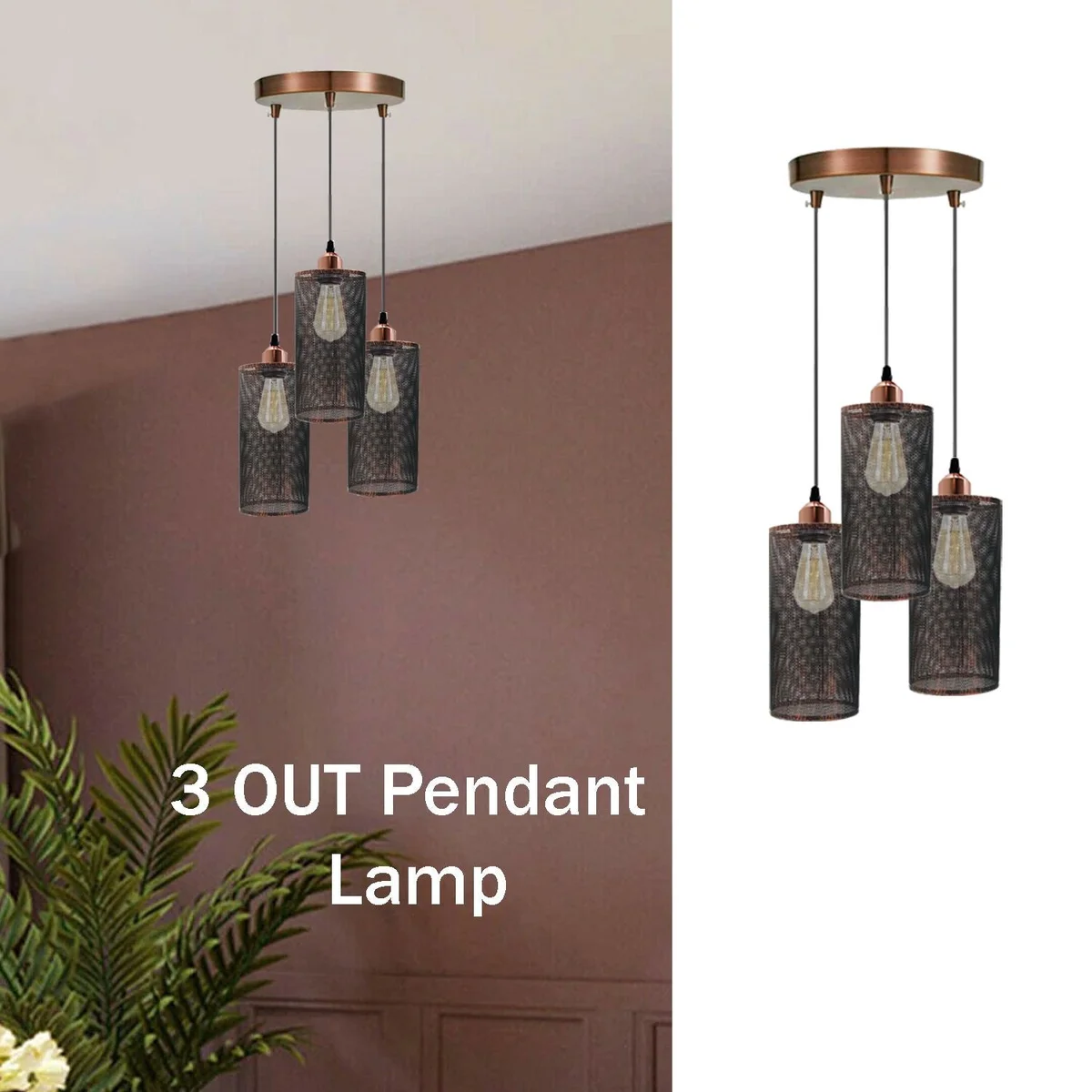 PVC cable pendant with black metal base and three light holders, 95cm cable, E27 sockets, metal+PVC, rustic red accents