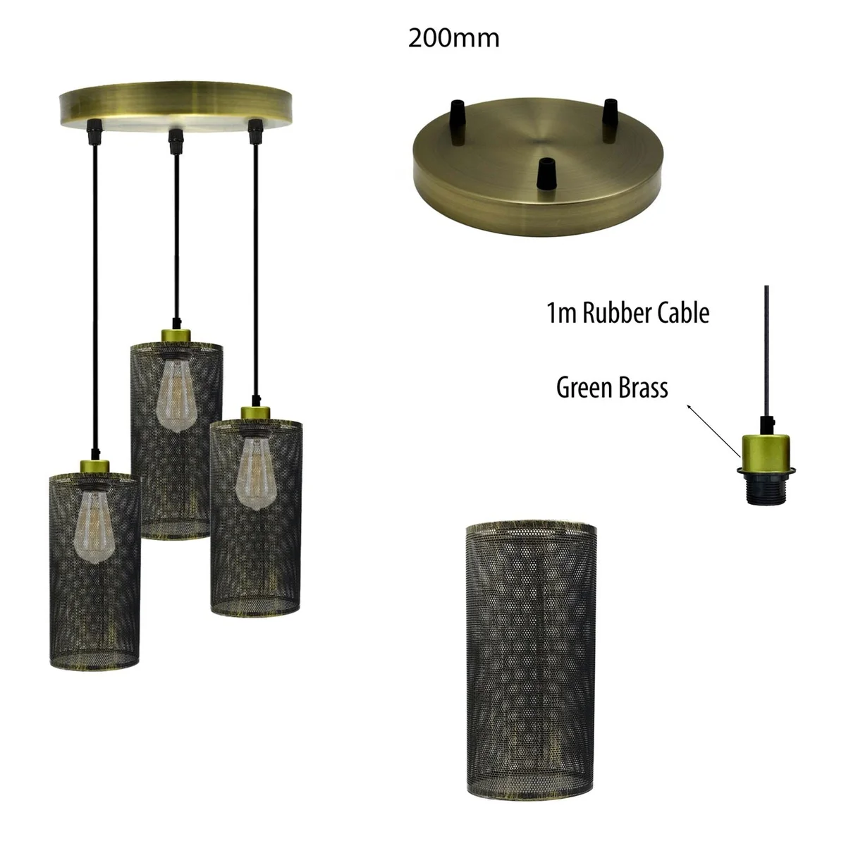 multi bulb pendant lamp with 3 metal light holders, black/bronze finish, long 95cm PVC cable, E27 base, stylish home lighting