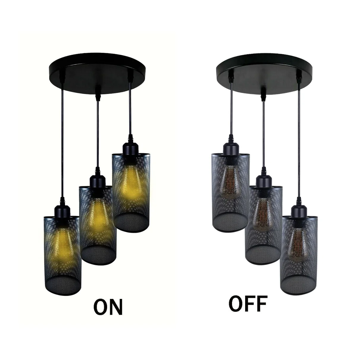 Decorative hanging light with black metal base and PVC cord, holding three light cages, available in brushed copper, brushed brass, white and rustic red.