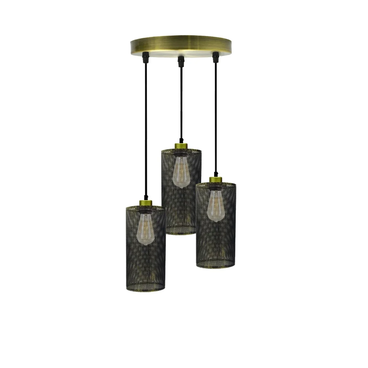 E27 pendant light with metal housing and 3 light cages, cable length 95cm, available in black or brushed copper