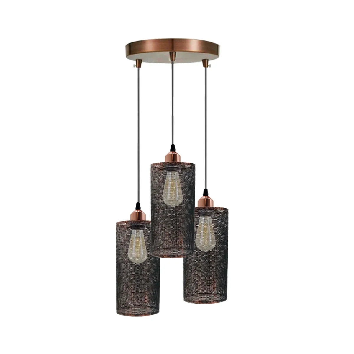 E27 pendant light with black metal base, three light holders, 95cm PVC cable and brushed copper accents.