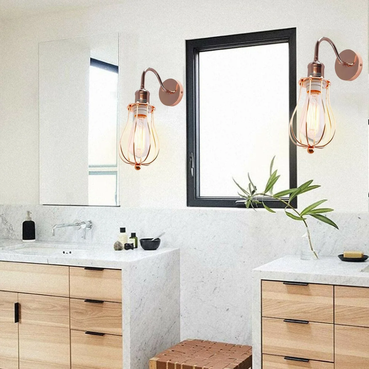 Metal industrial wall light with cage‑shaped rustic sconce, hanging on wall, E27 socket, dimmable bulb optional.