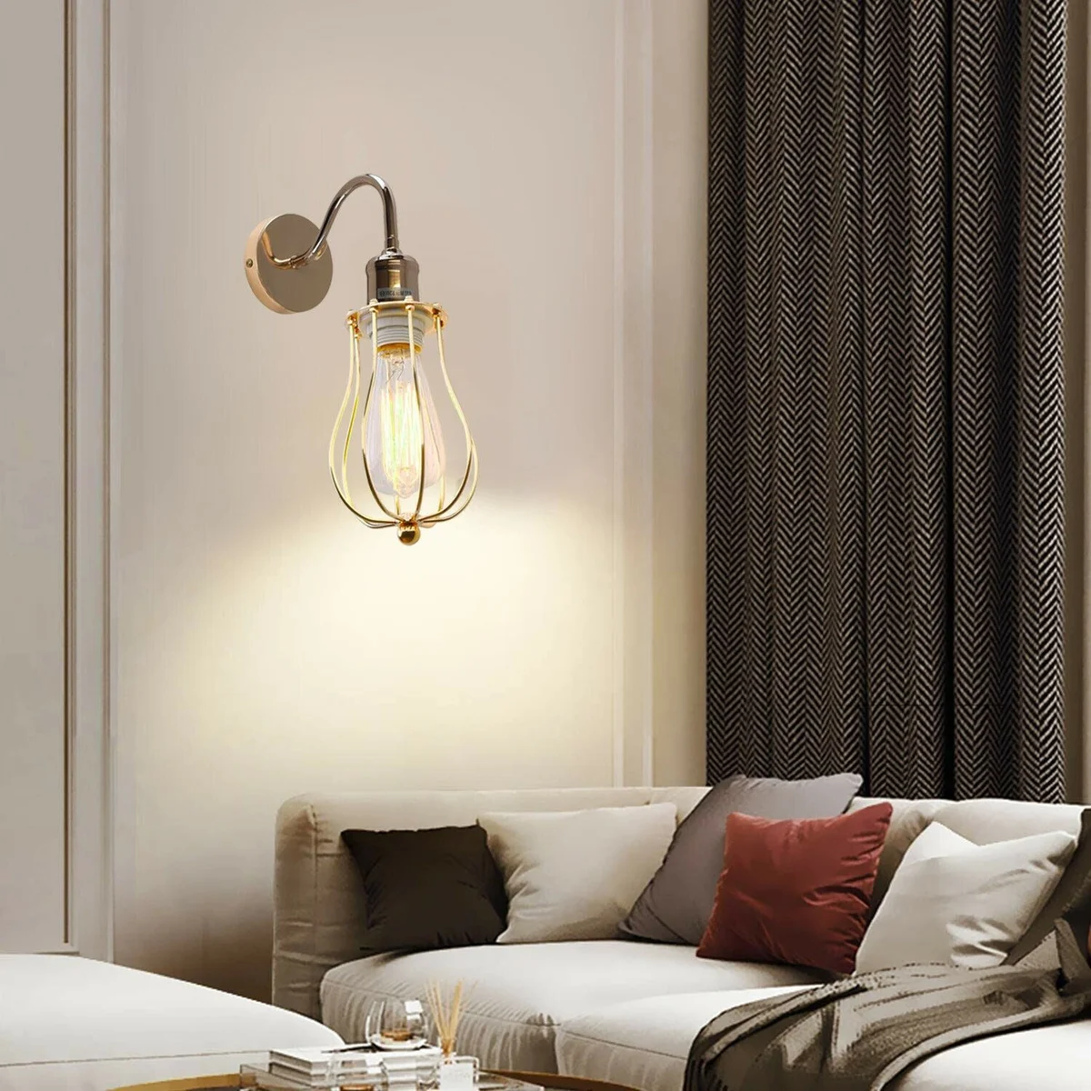 Metal cage modern wall light with rustic design, mounting on wall, optional bulb, E27 socket.