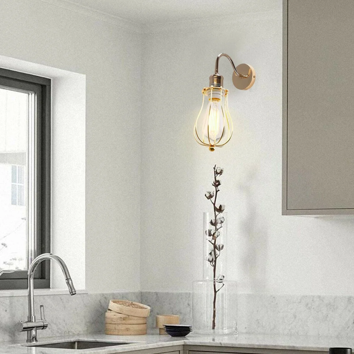 E27 wall light, metal cage wall-mounted industrial sconce with rustic style, optional bulb.