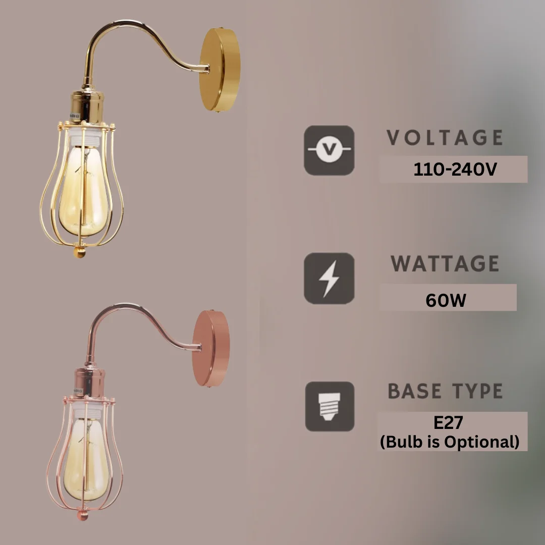Dimmable wall lamp with metal cage shade, rustic industrial style, mounted on wall.