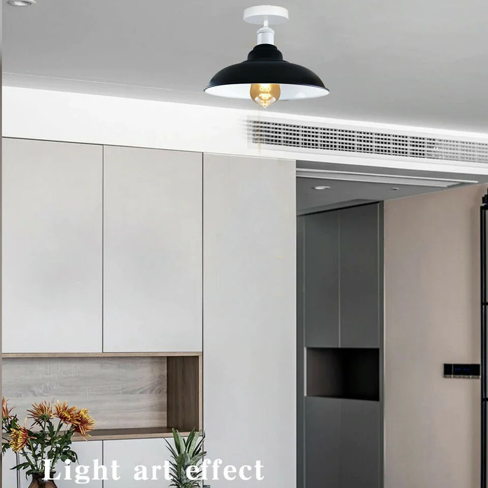 Black metal ceiling light shade, 10cm x 2.5cm, 4cm round opening, suitable for E27 base.