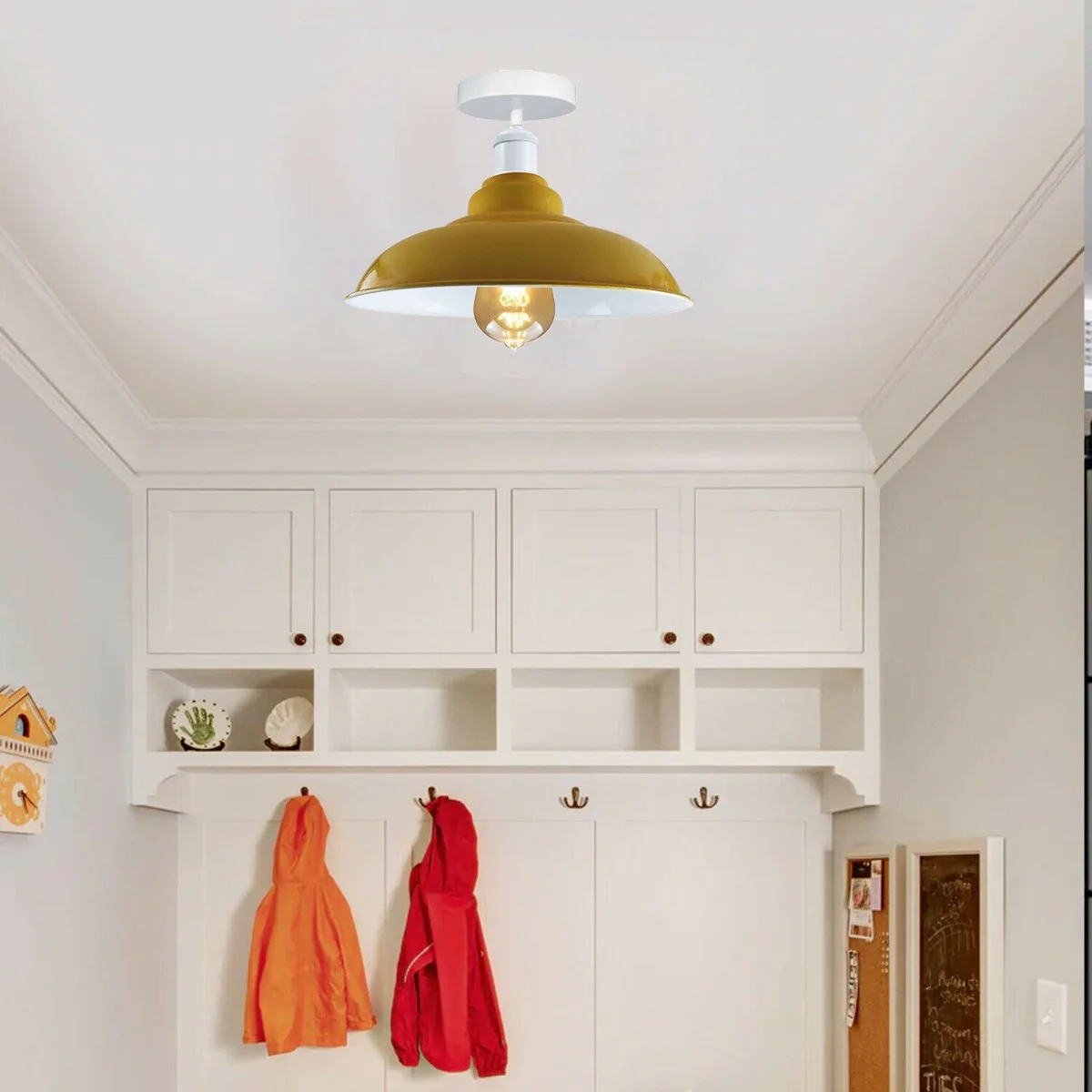 Metal ceiling light shade in black, rectangular metal frame with light opening, pictured for hallway lighting