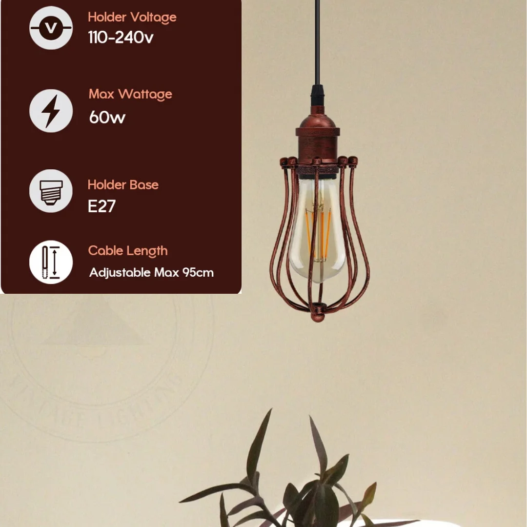 Metal cage pendant lamp base with E27 holder, chrome metal cage frame, PVC cable, 95cm length.