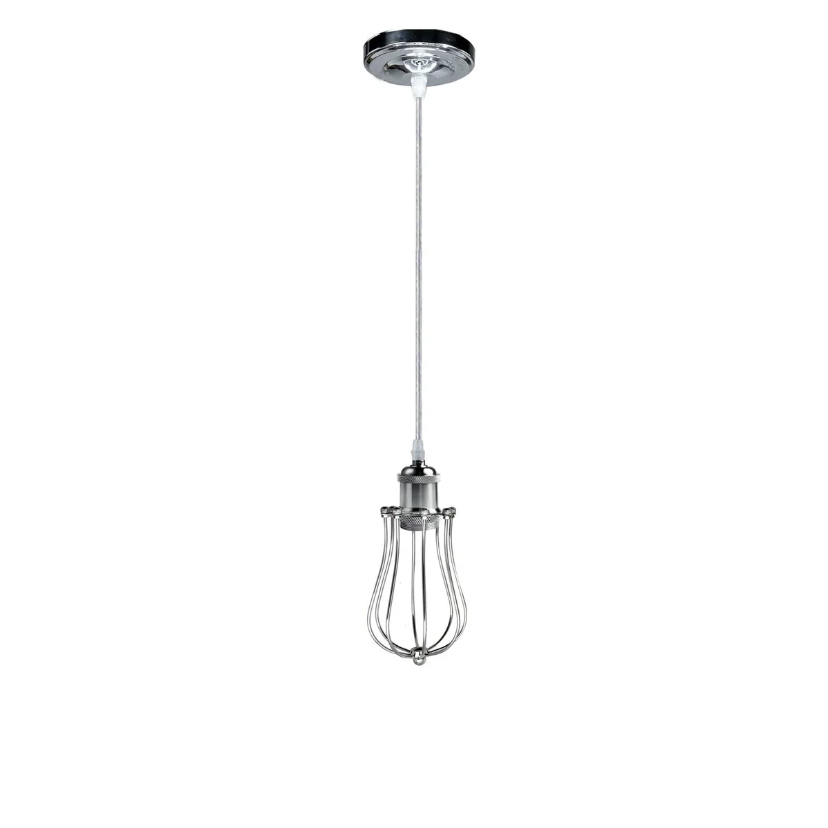 Chrome cage pendant lights kitchen, metal ring with PVC cable, 95cm length, E27 base, elegant decor.