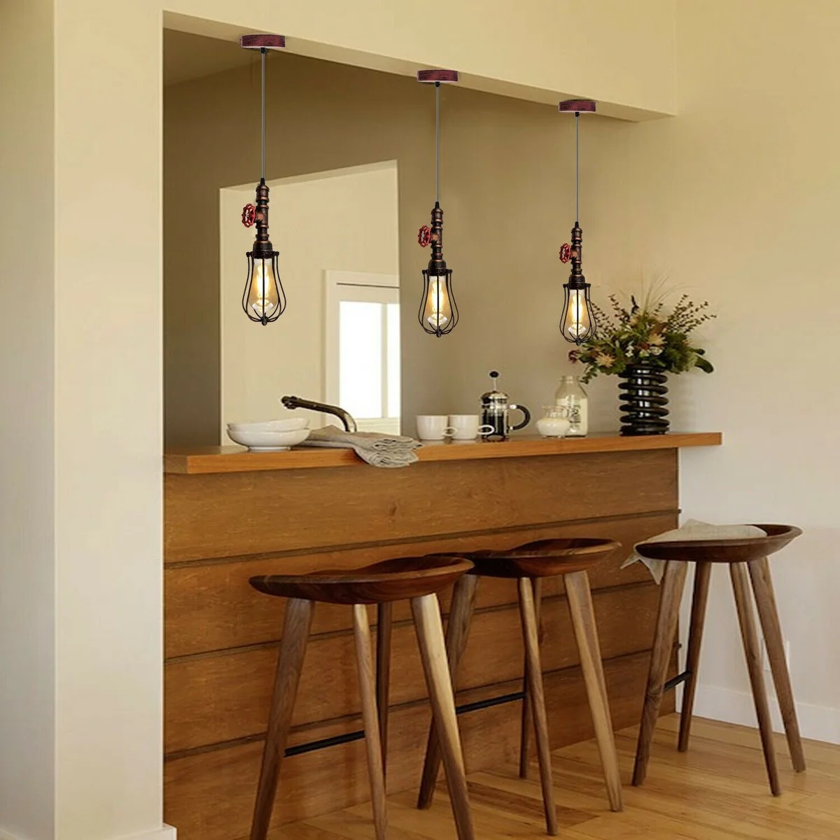Rustic pendant light hanging from an iron pipe cage in rustic red, vintage steampunk style, E27 bulb optional.