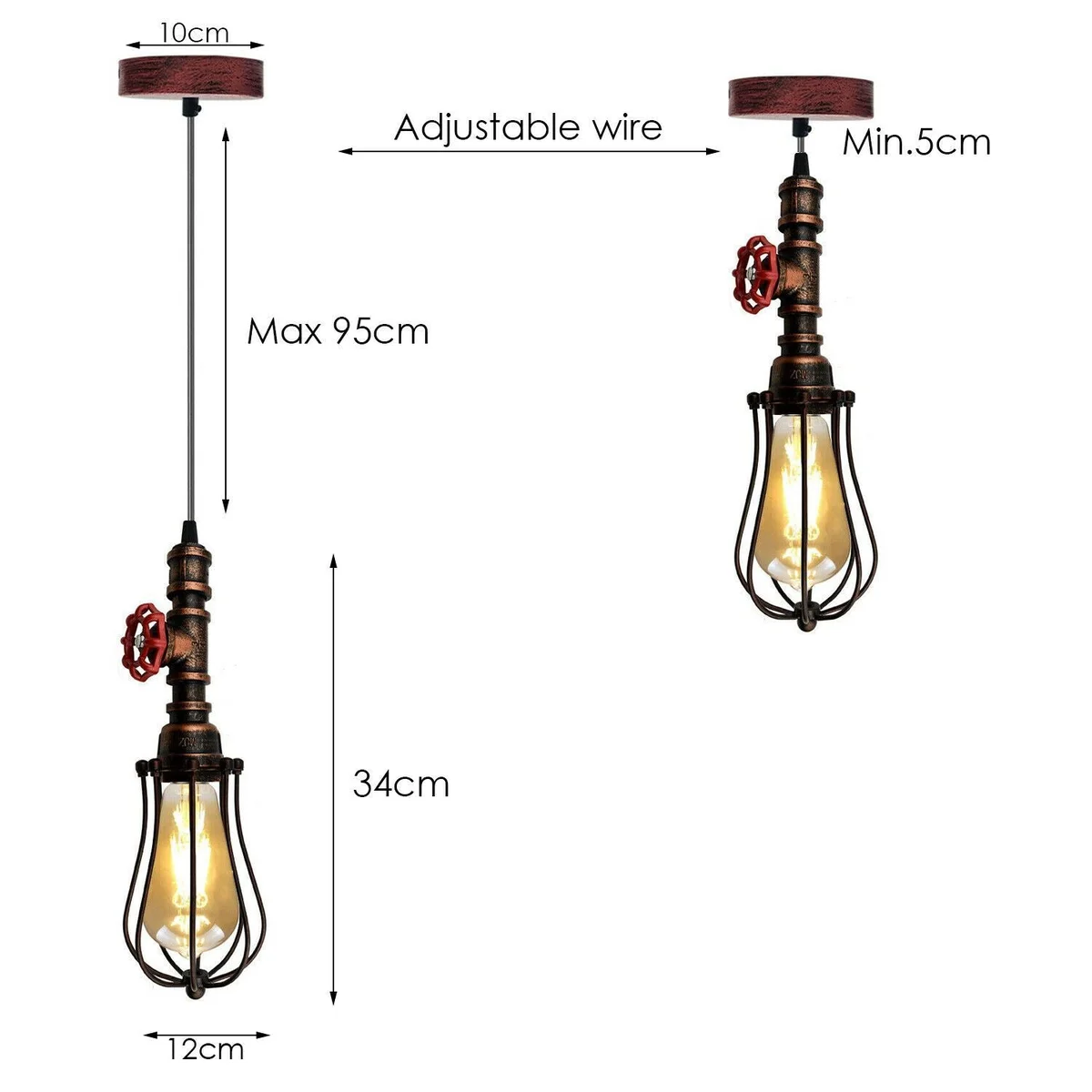 Red vintage pipe light hanging from iron frame, cage style, modern industrial décor.