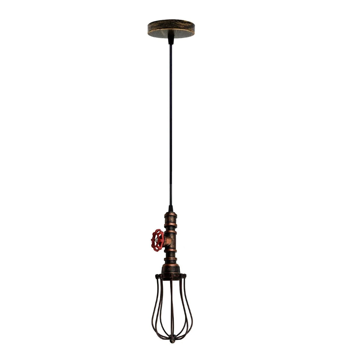 Rustic red steampunk pipe cage pendant light on iron frame, ideal kitchen hanging light