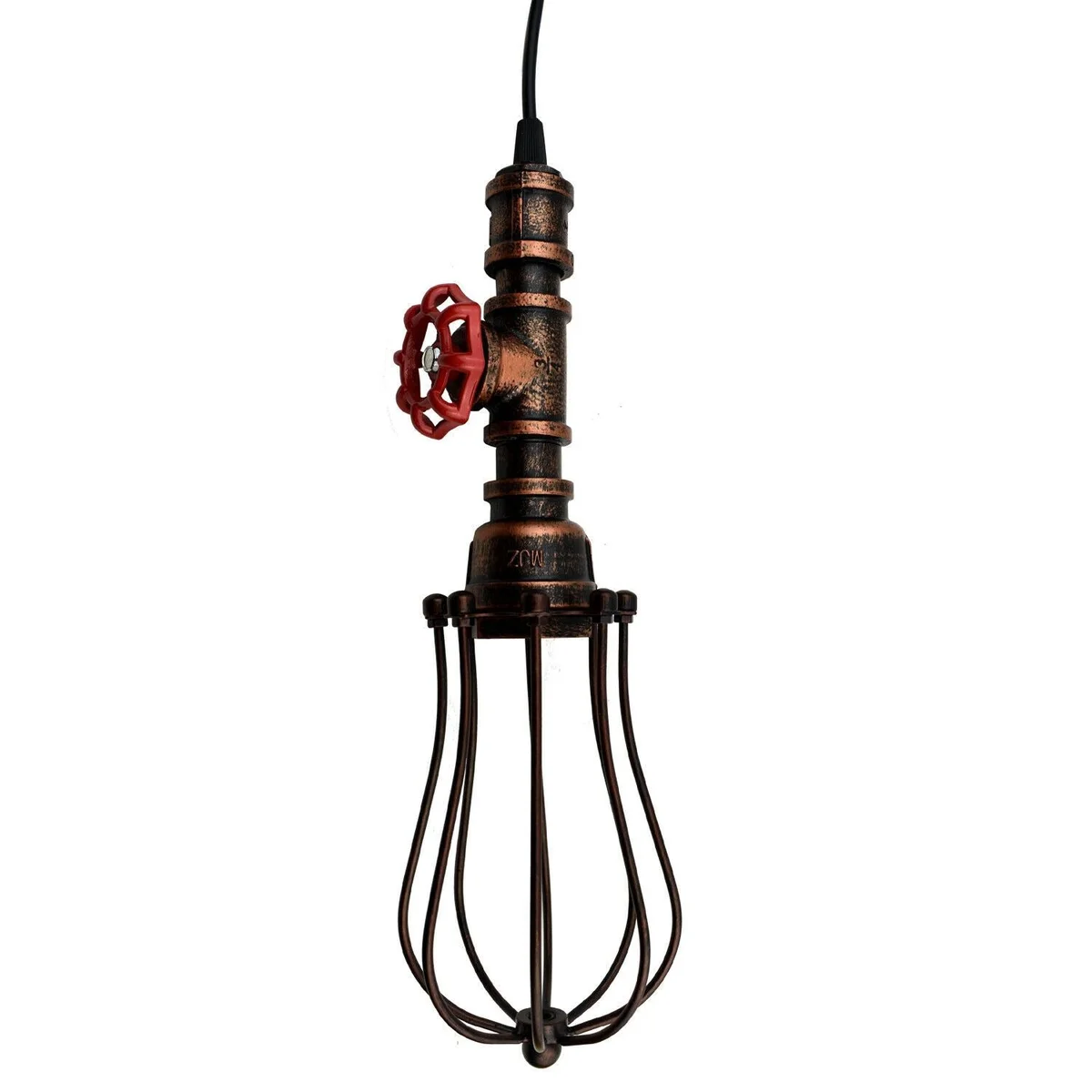 Rustic red industrial pipe cage pendant light hanging from ceiling, a cafe ceiling light fixture