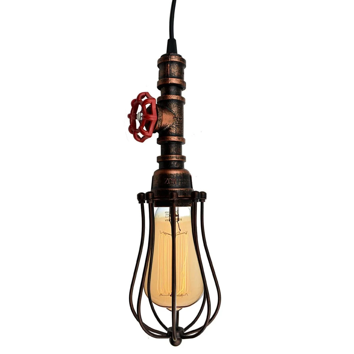 Rustic red iron cage pendant lamp, vintage steampunk pipe design, suitable as a bar pendant lamp