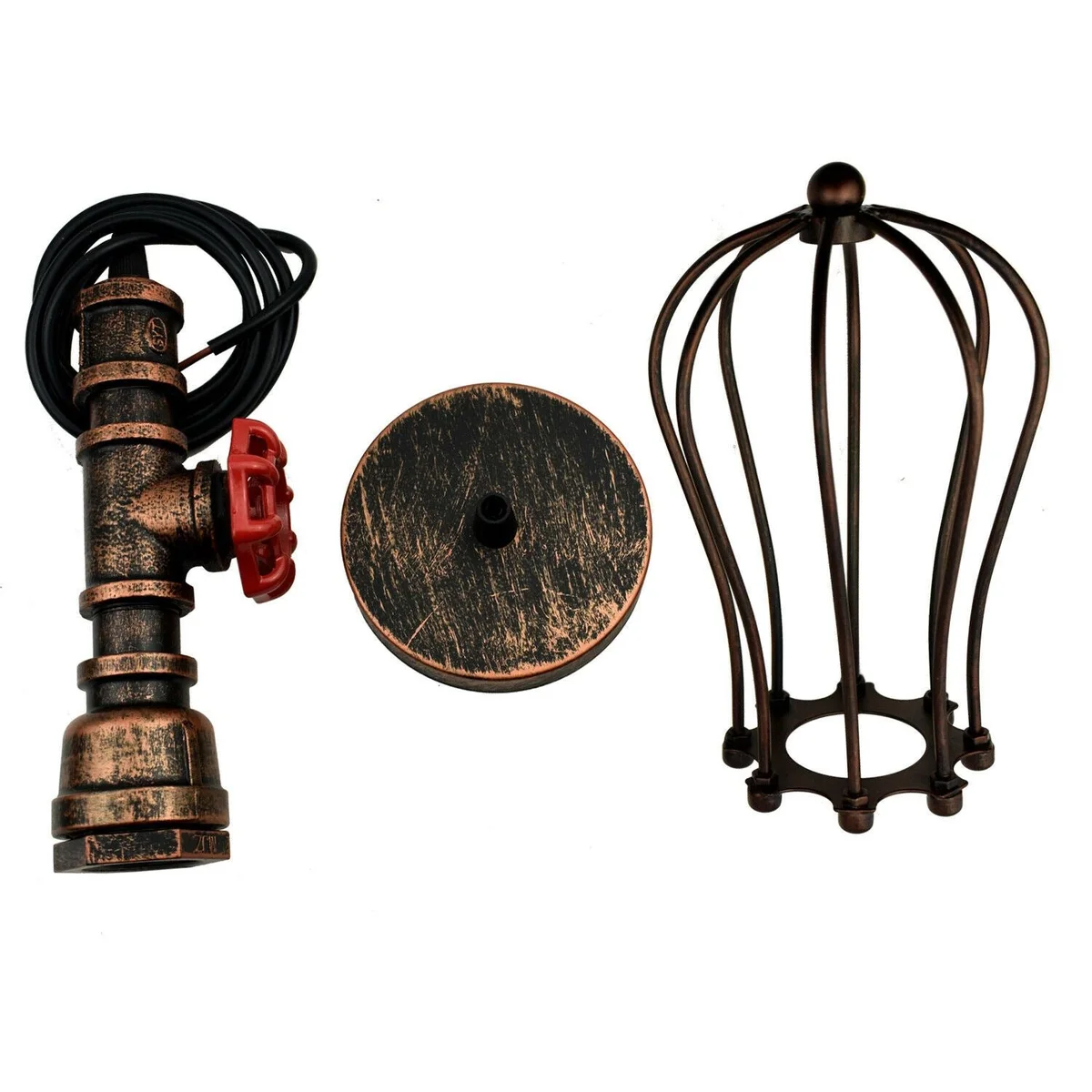 Rustic pendant light hanging from iron chain, showing a metal cage pipe, industrial retro style, ideal kitchen/living room.