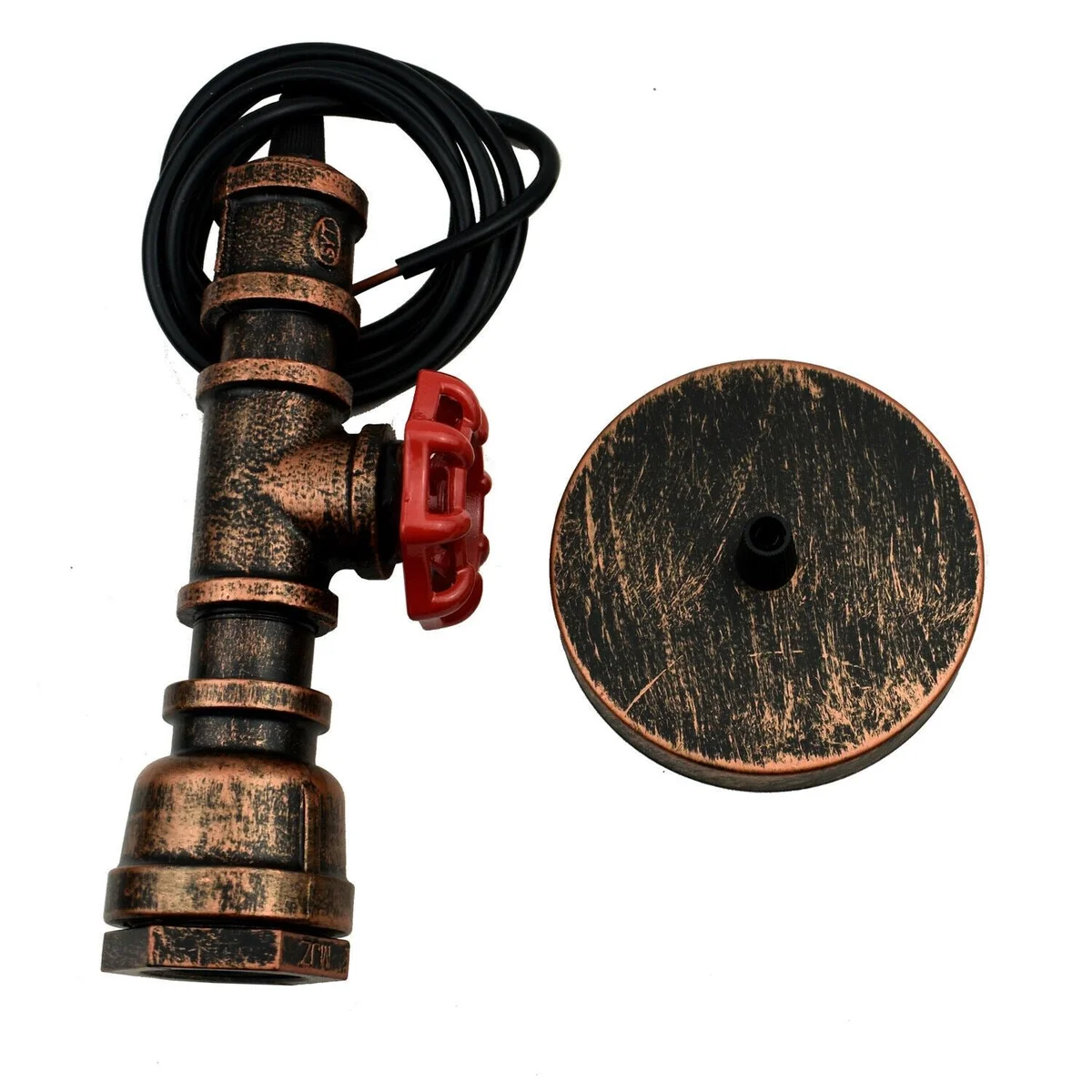 Rustic pendant light with iron pipe cage, red metal finish, hanging from ceiling, industrial retro design.