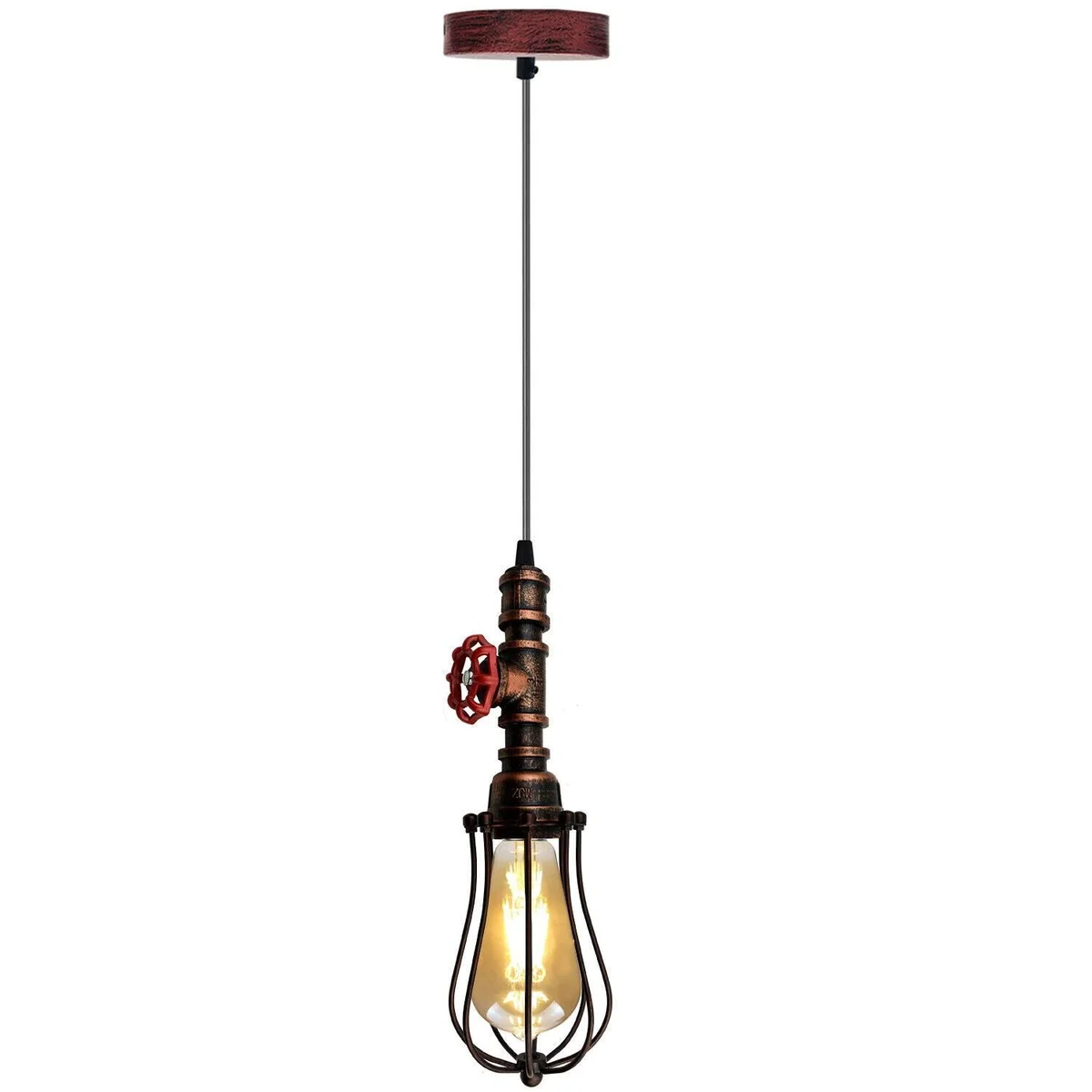 Rustic pendant light hanging from an iron pipe cage, red finish, vintage steampunk style.