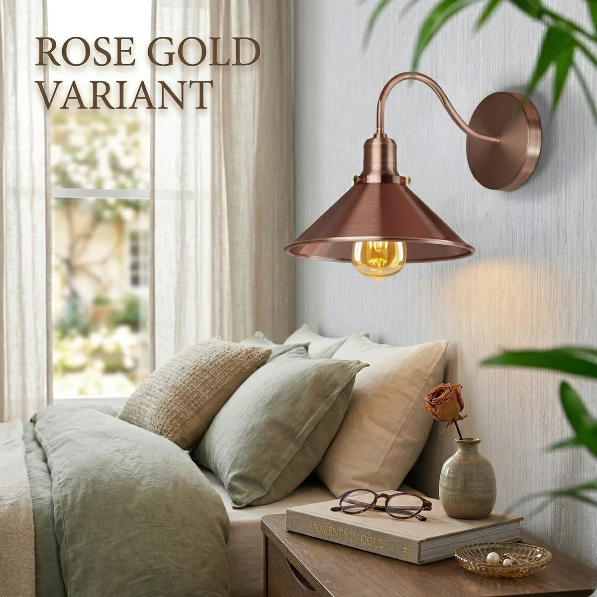 Vintage wall sconce with curved arm, cone shade, chrome finish, durable metal construction