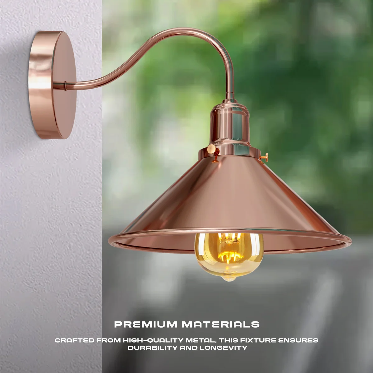Vintage industrial wall light with swan neck arm and cone shade, chrome finish on wall mount.