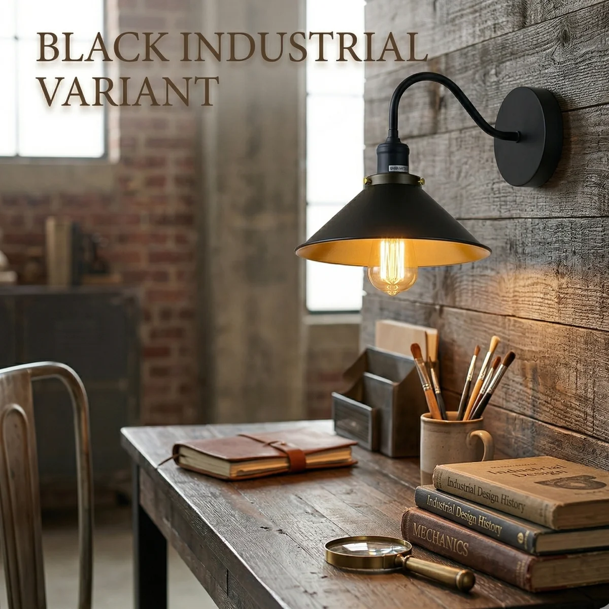 Classic vintage metal wall sconce with swan‑neck arm and cone shade, metal frame, chrome finish, wall‑mounted.