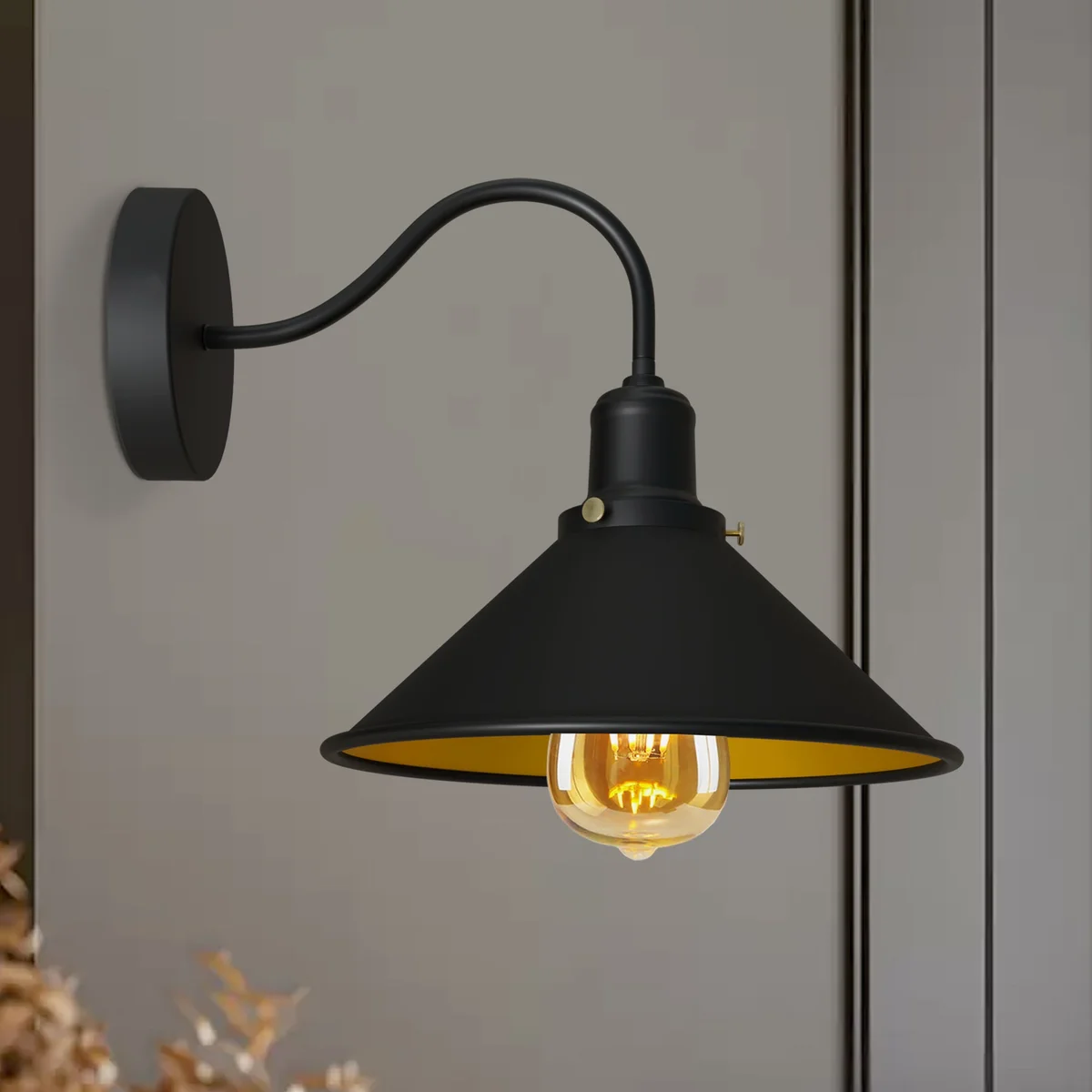 Corded electric wall light: vintage wall sconce with gooseneck arm, cone shade, chrome metal finish, suitable for indoor décor.