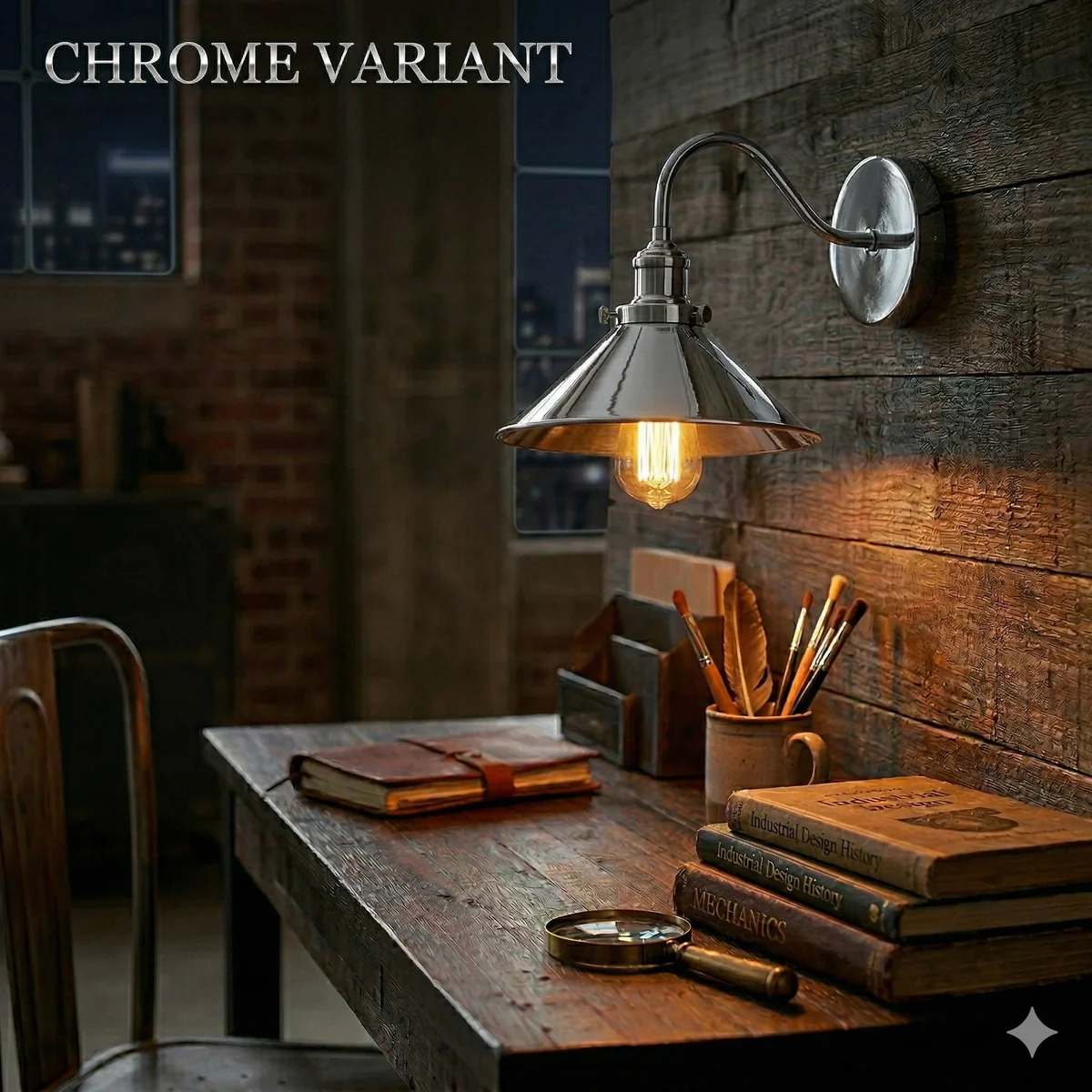 Chrome vintage wall sconce with gooseneck arm and cone shade mounted on wall, suitable for indoor decor.
