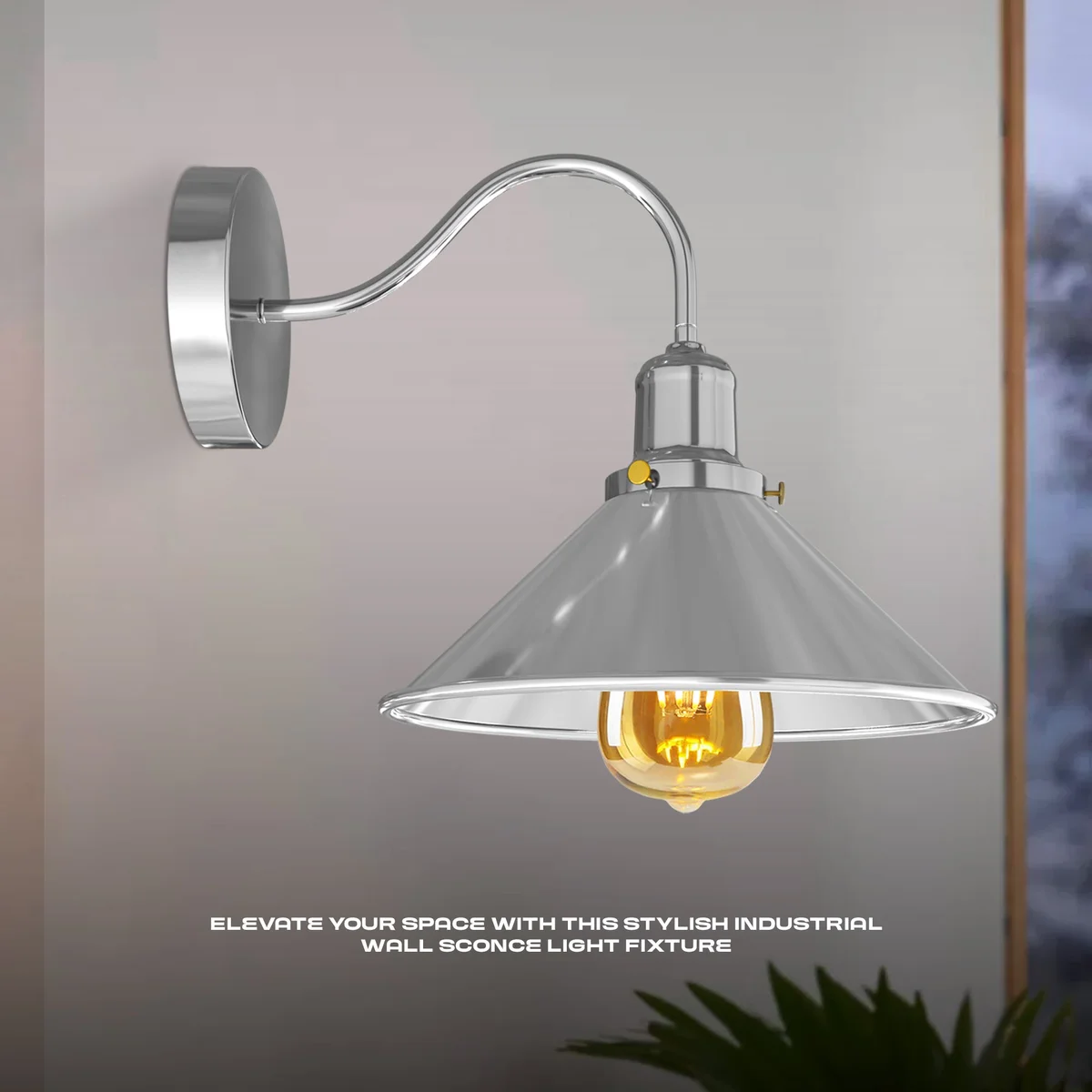 Chrome vintage wall sconce with swan‑neck arm and cone shade mounted on a wall, ready for LED lamp