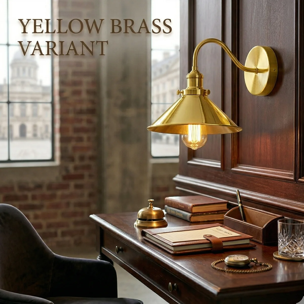 Chrome vintage wall sconce with gooseneck arm, conical shade and matte metal finish on wall.