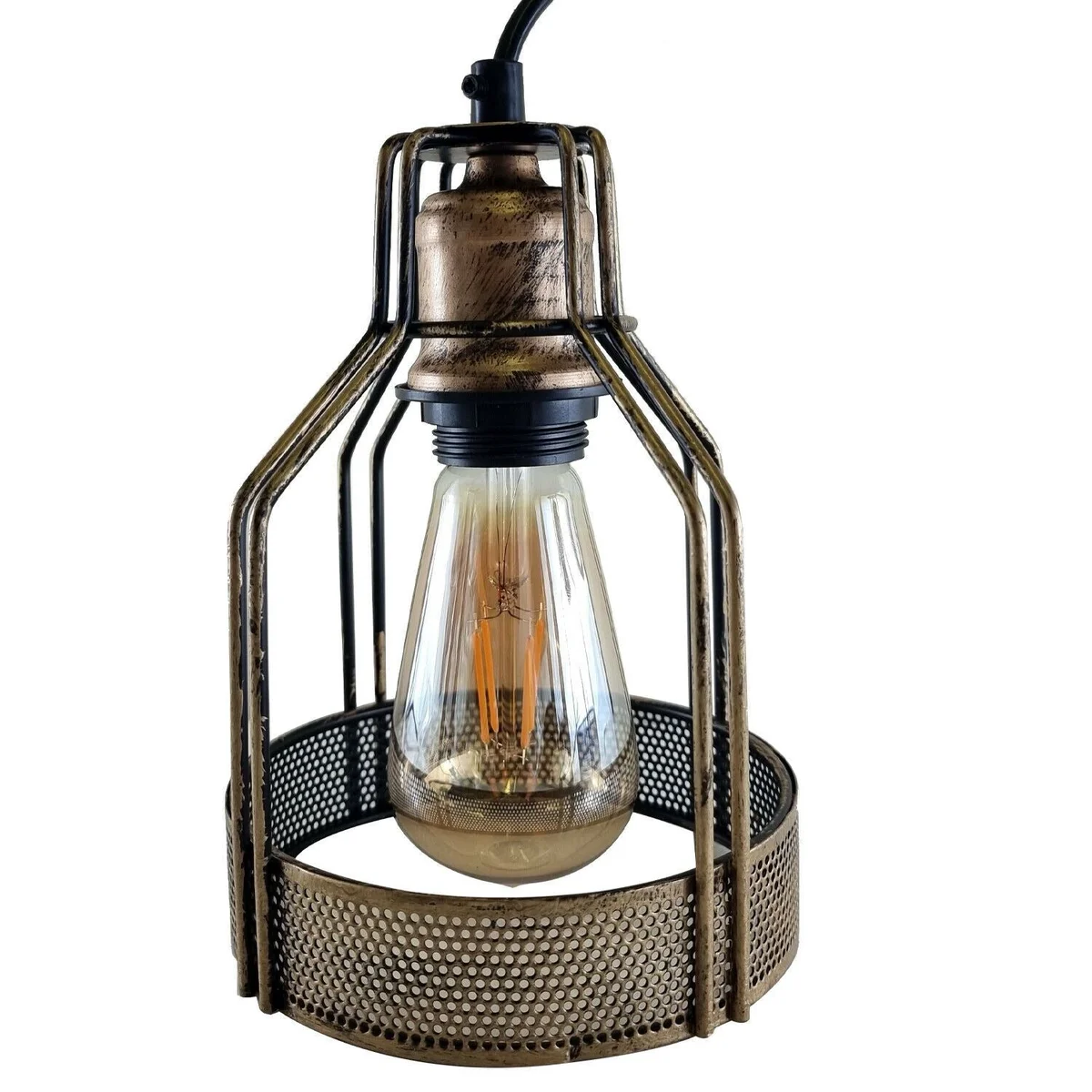 Retro hanging lamp in bird cage style with iron frame and satin nickel finish suspended from ceiling, single E27 holder